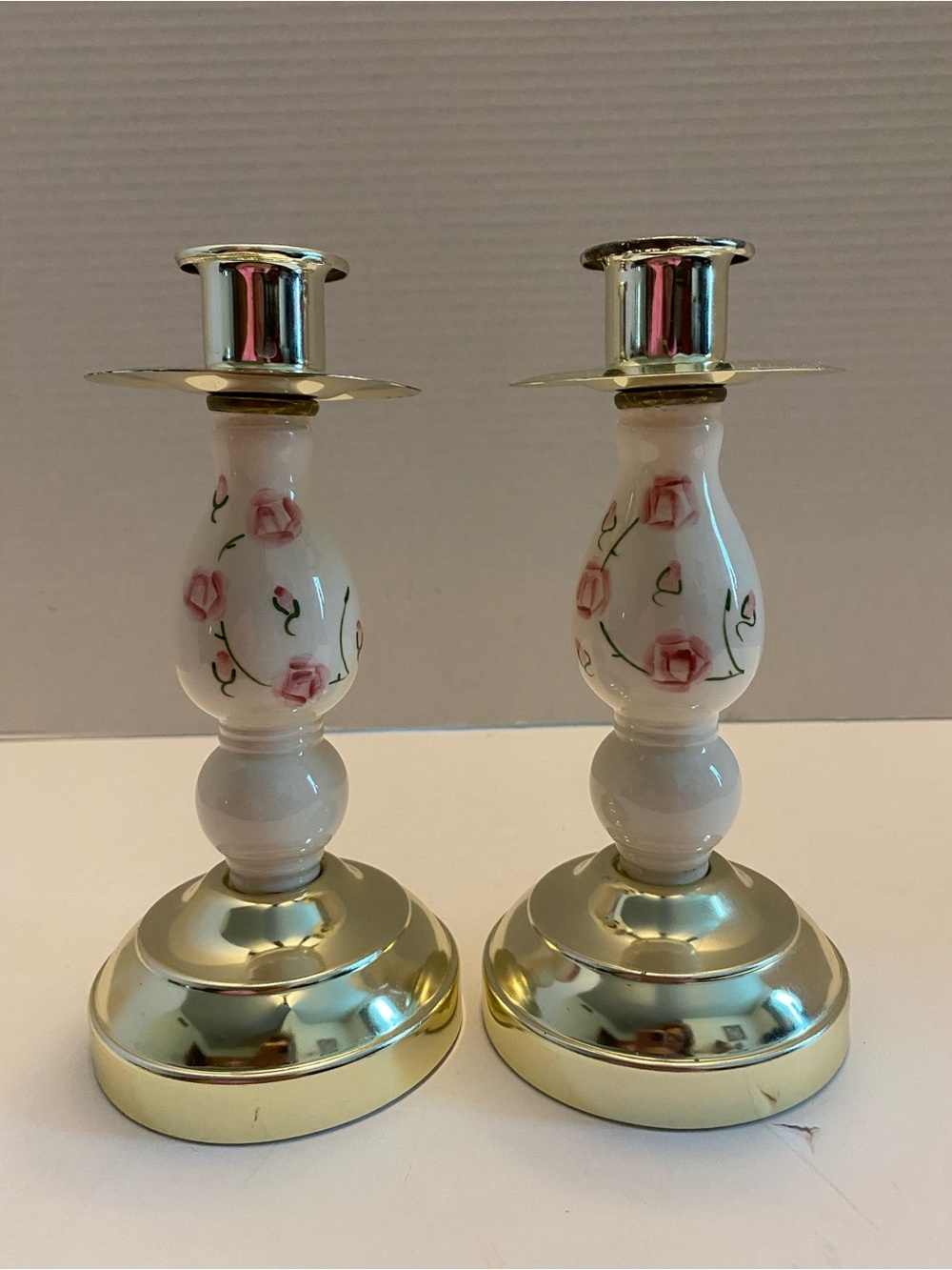Home Interiors Floral Ceramic & Metal Candle Holders Pair Pink & White